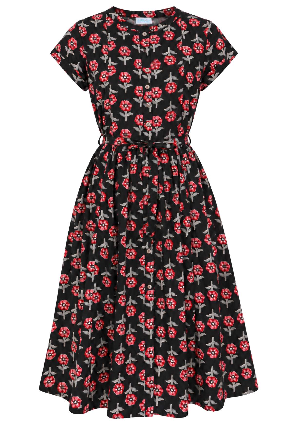 50's style cotton button through midi length dress with a waist tie.