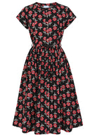 50's style cotton button through midi length dress with a waist tie.