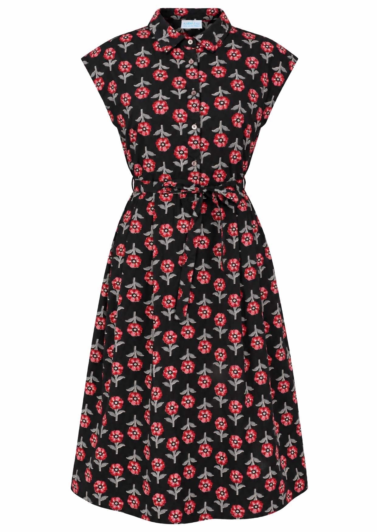 Black based floral print cotton dress with removable waist tie.