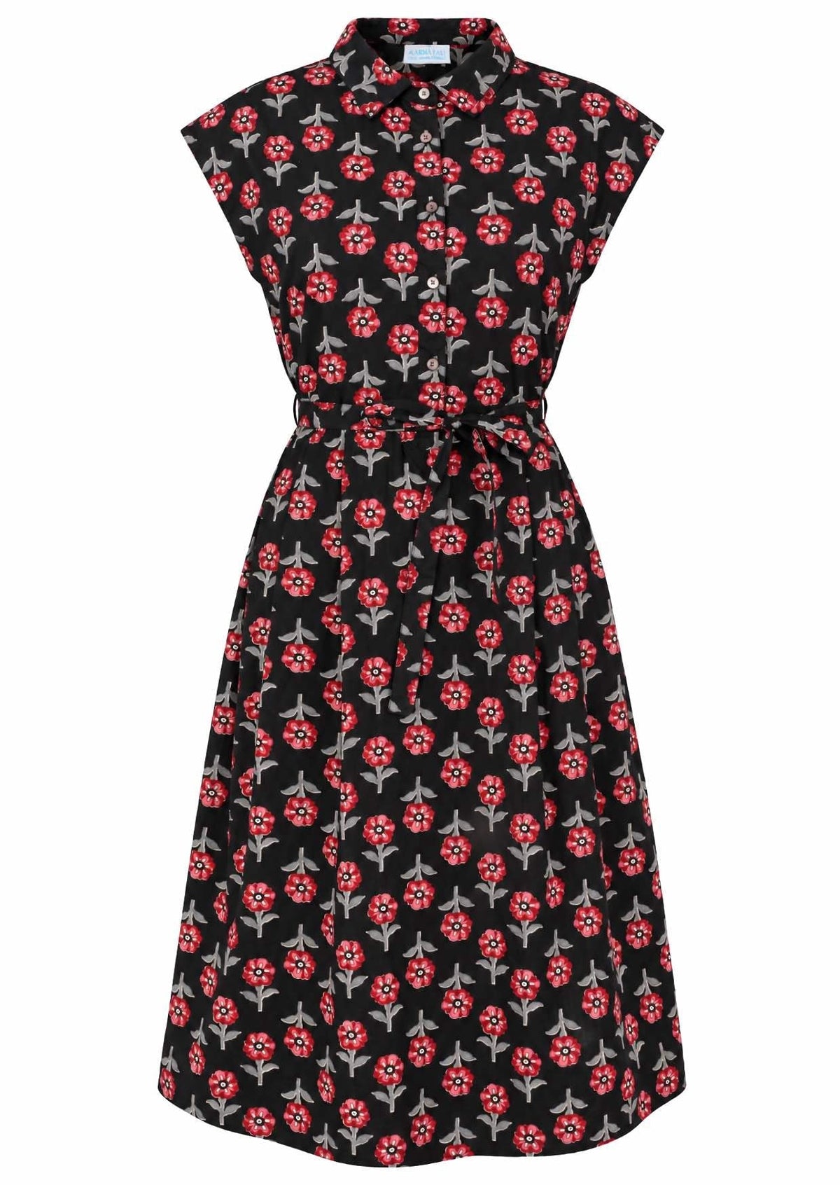 Black based floral print cotton dress with removable waist tie.