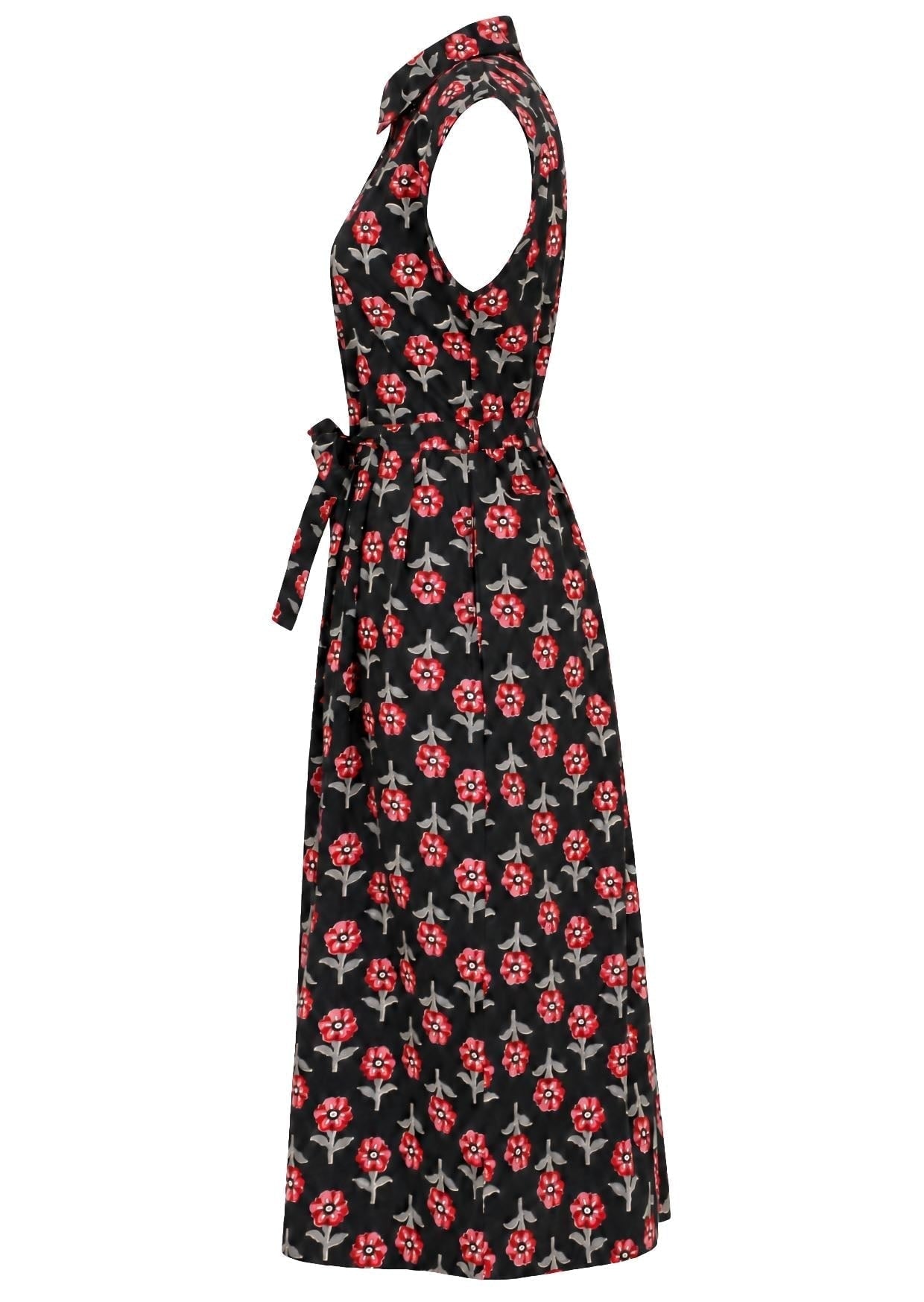 Side view of black based floral print cotton dress with pockets.