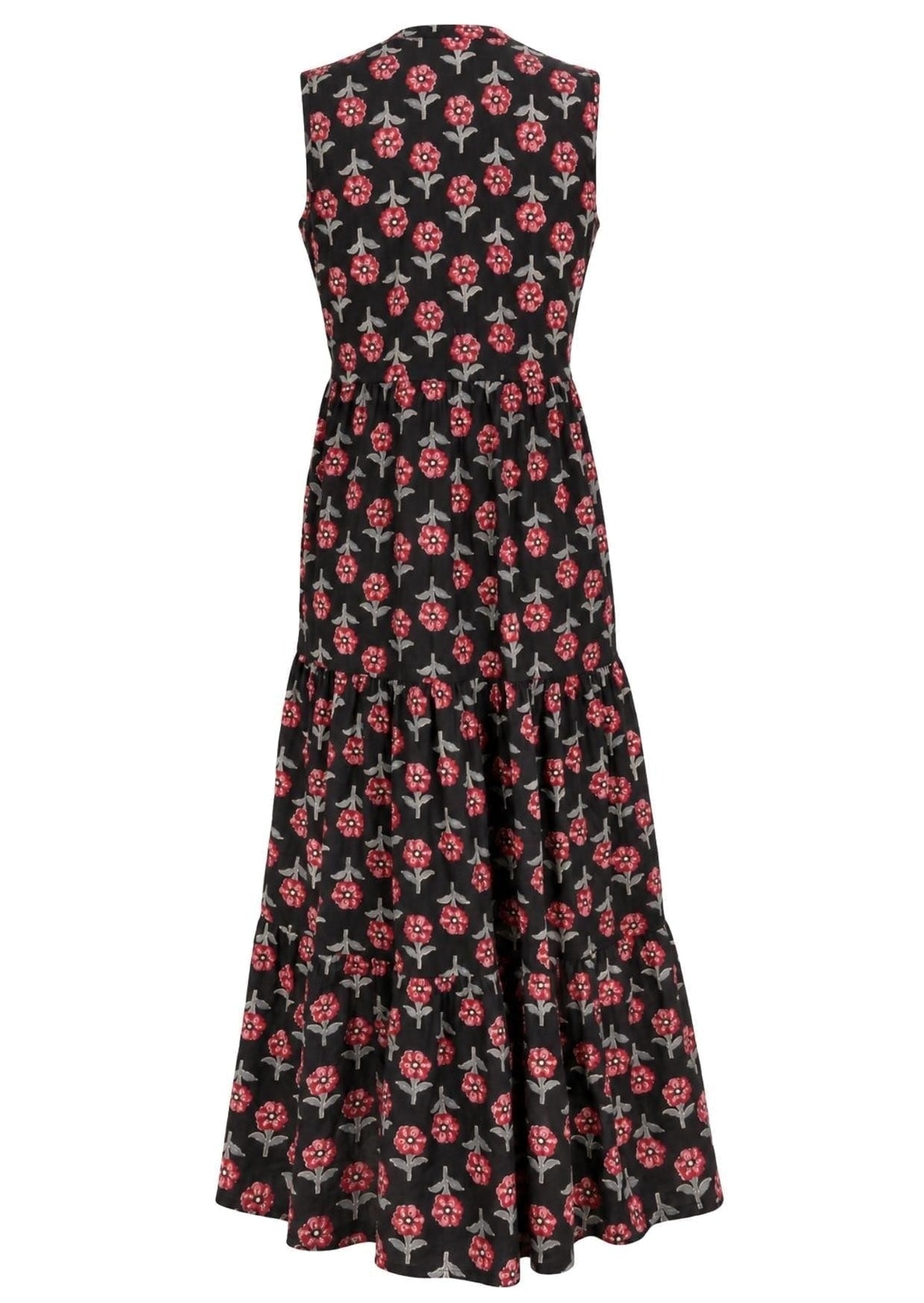 Black floral-print sleeveless tiered maxi dress, Celeste Dress Folklore, back view.