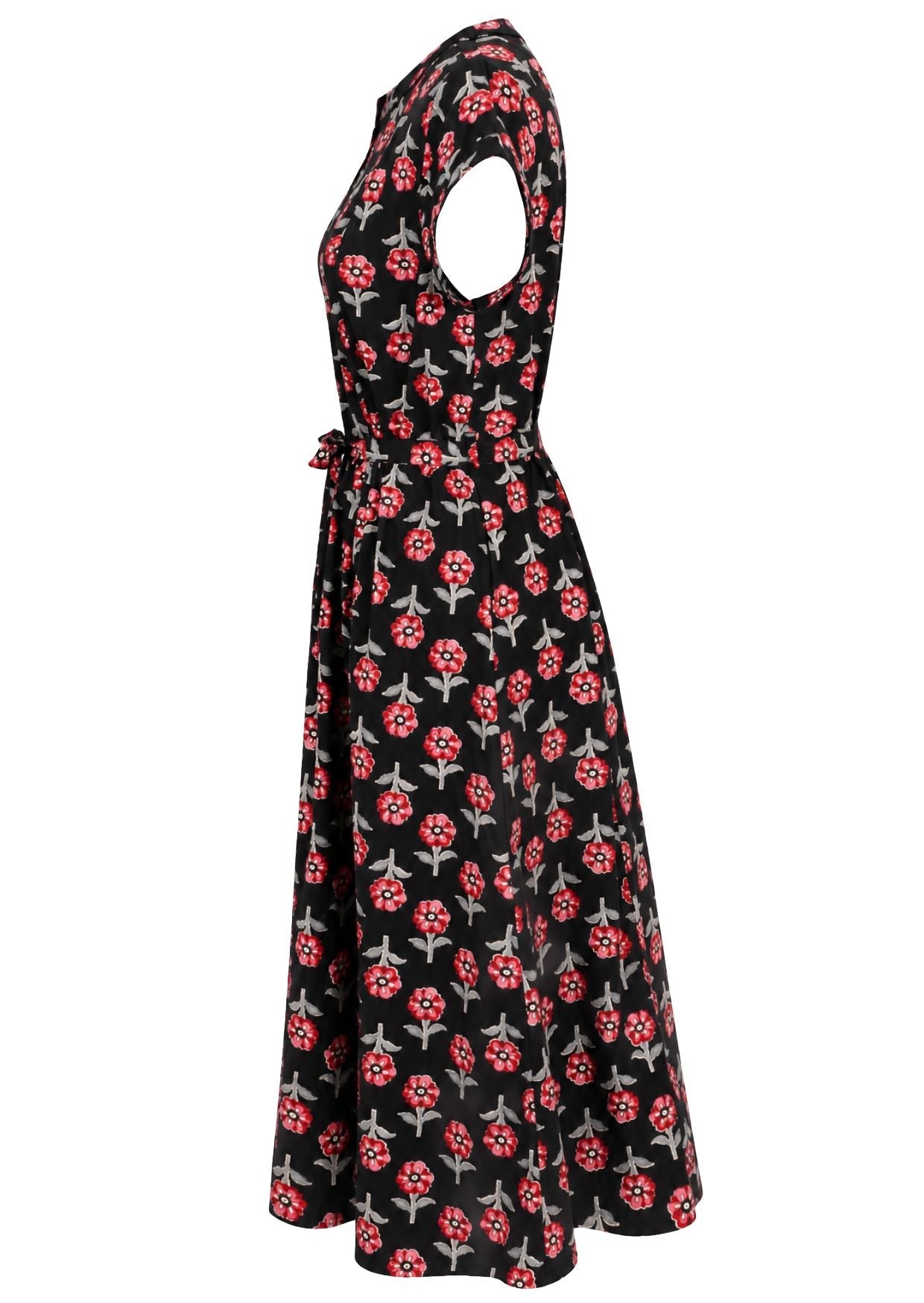 Side view of 50's style cotton button through midi length dress with a waist tie and hidden side pockets.