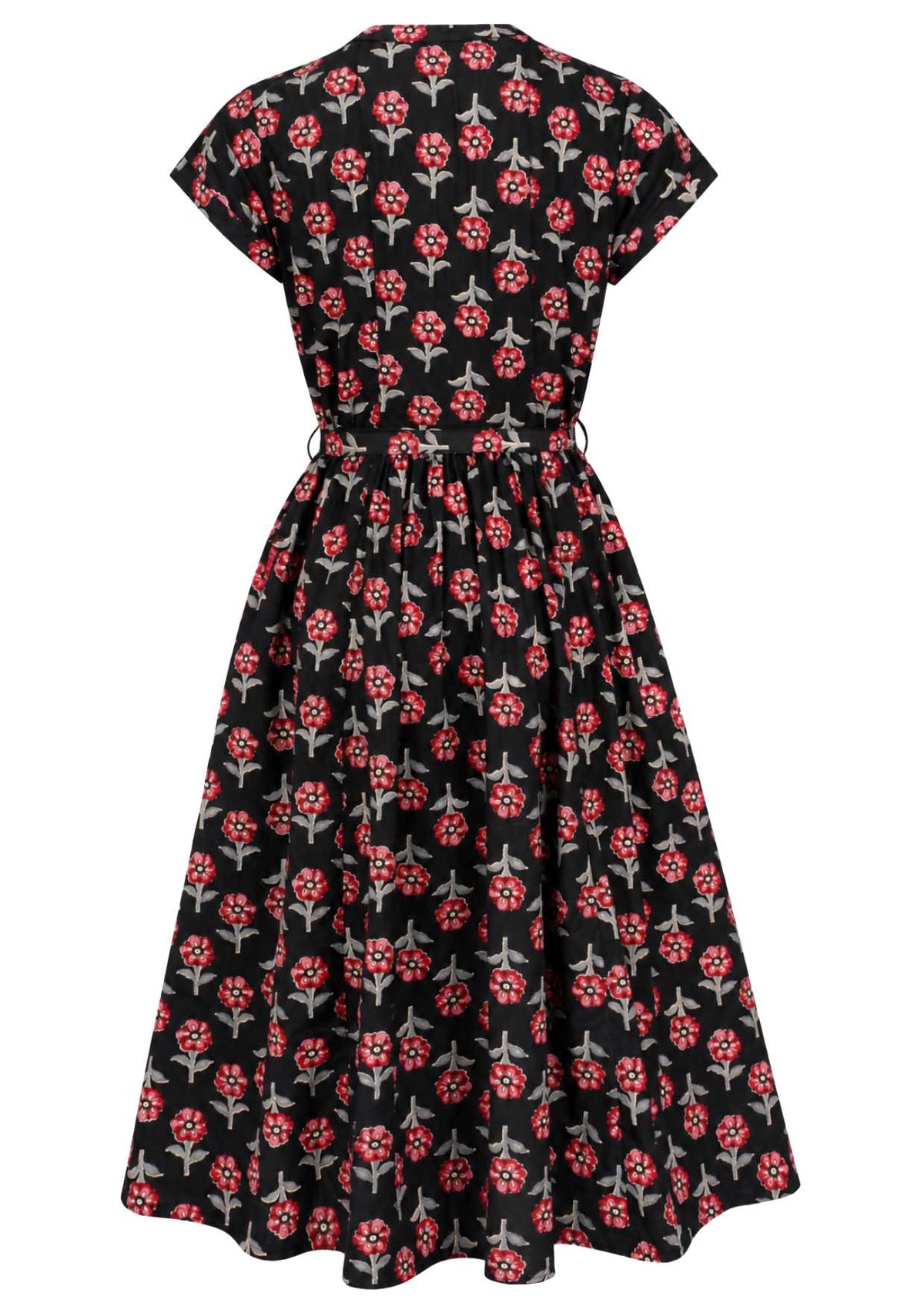 Back view of 50's style cotton midi length dress with a waist tie and cap sleeves. 