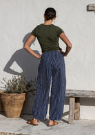 Model standing backwards wears 100% cotton wide leg pants with side zipper, pockets and small pleats at ankles.