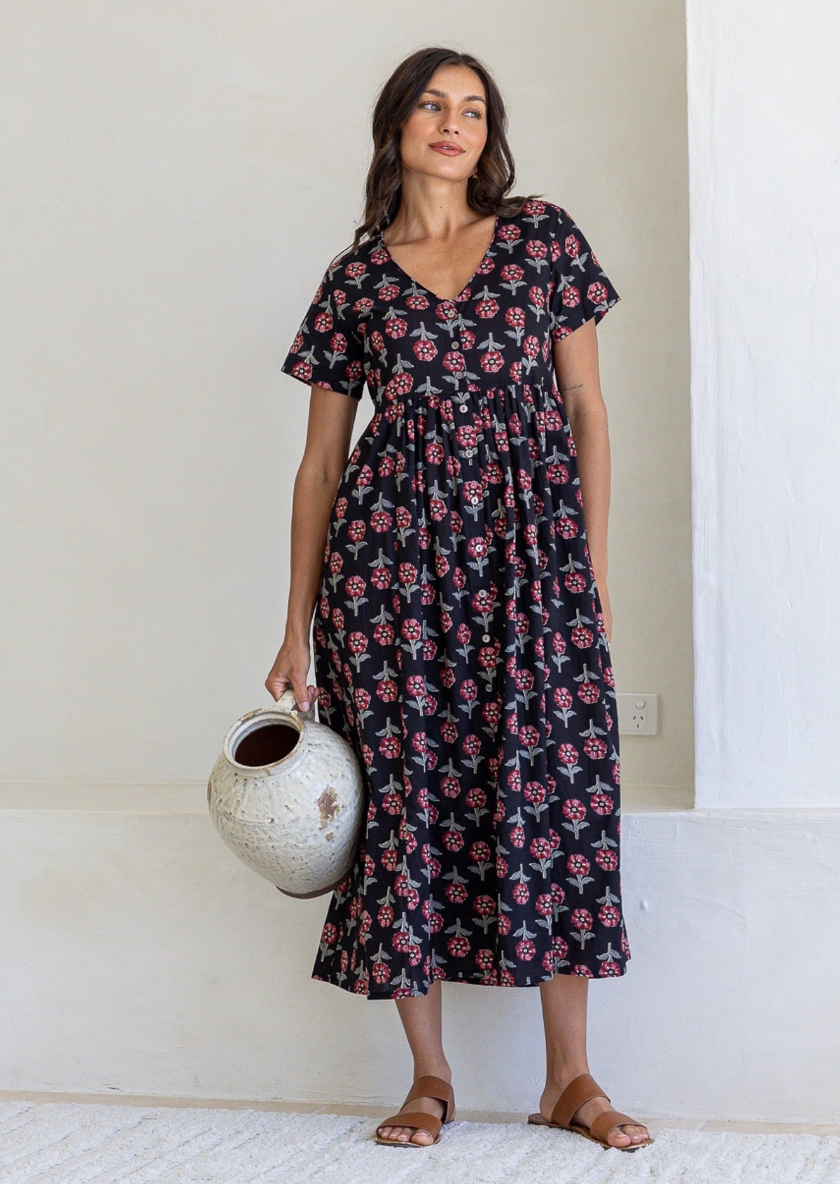 Woman standing in a 100% cotton floral print dress with a V-neckline, short sleeves, pockets, and buttons through to the knee.