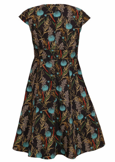 Scarlett Dress Thistle botanical print on black back Mannequin pic