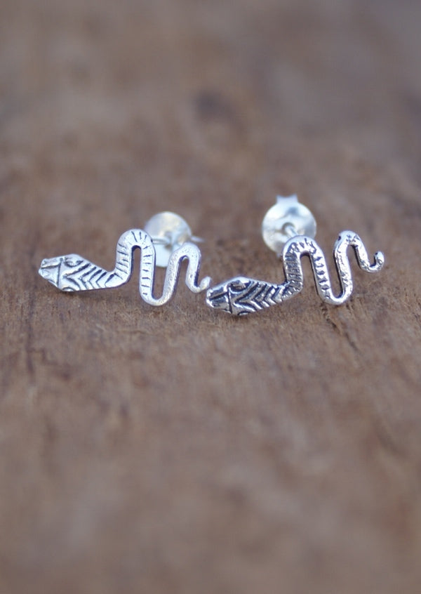 A pair of silver snake stud earrings with a flowing, curvy shape displayed on a wooden surface.