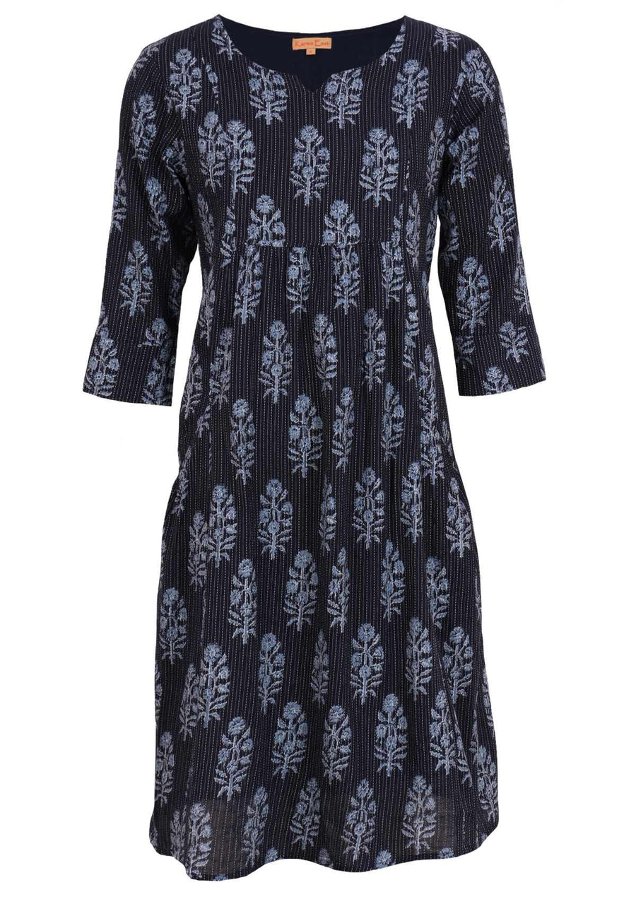 Tilda Dress Delphi 3/4 sleeve knee length keyhole cutout neckline lightweight navy blue 100% cotton lined dress with pockets | Karma East Australia