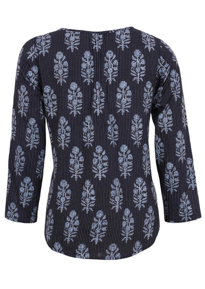 Navy Blue Cotton Blouse with floral motif and scoop neck back view