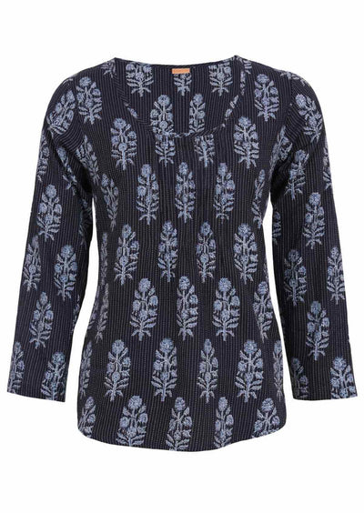 Navy Blue Cotton Blouse with floral motif and scoop neck
