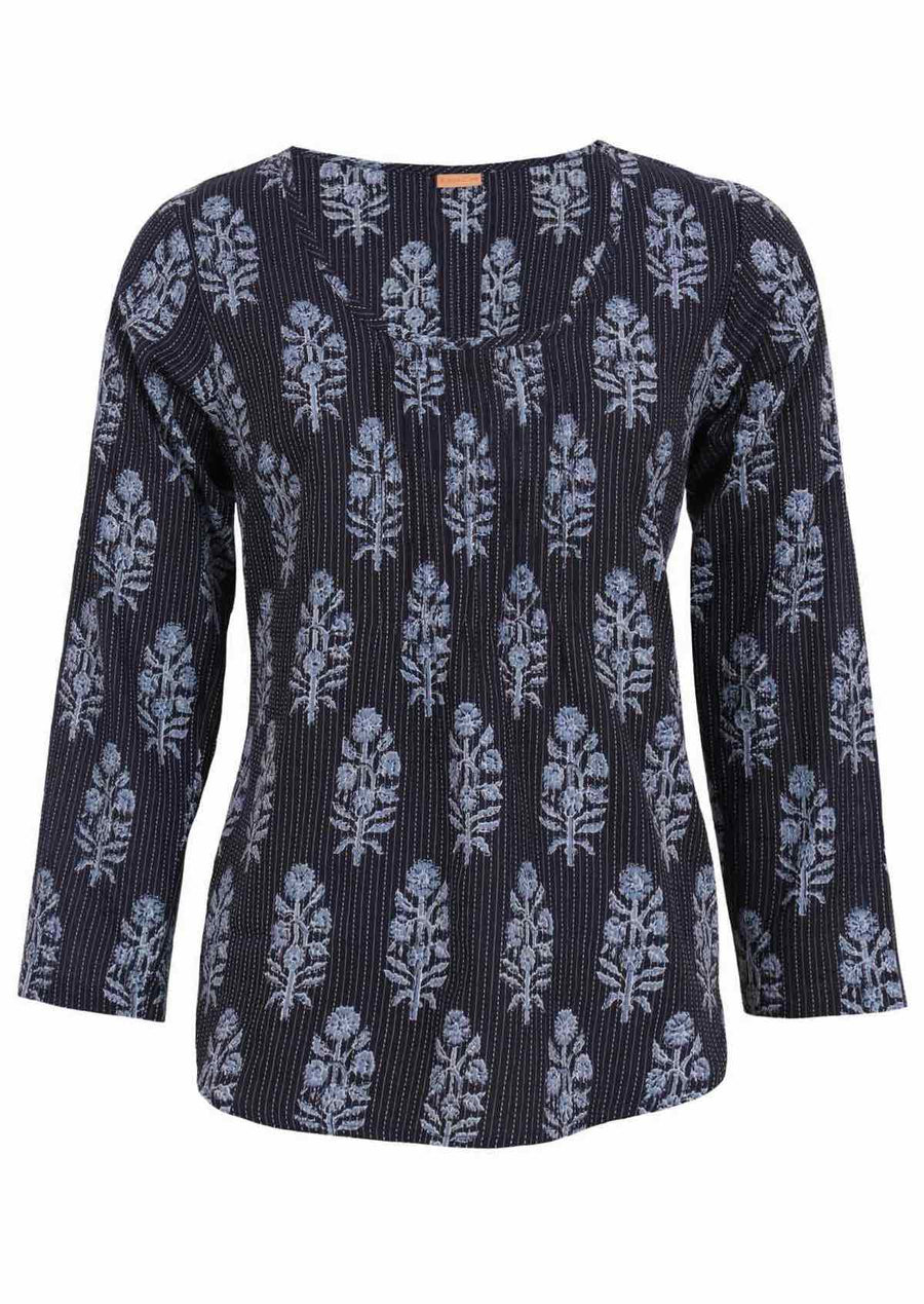 Navy Blue Cotton Model in blouse with floral motif and scoop neck