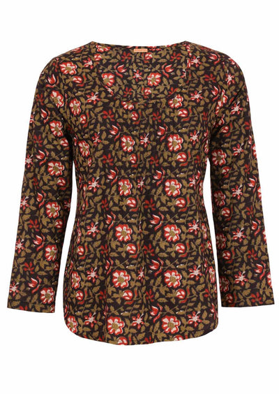 Cotton woman's top with black background and earthy floral motif front view