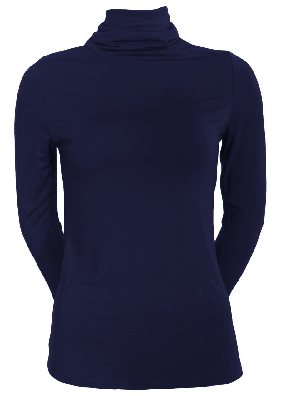 Turtle Neck Top fitted long sleeve high turtle neck soft stretch rayon navy blue | Karma East Australia