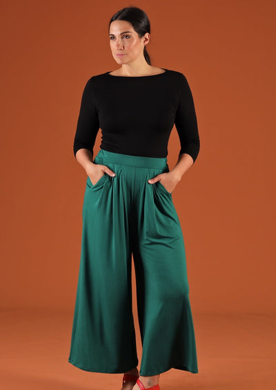soft stretch rayon wide leg pants jade green