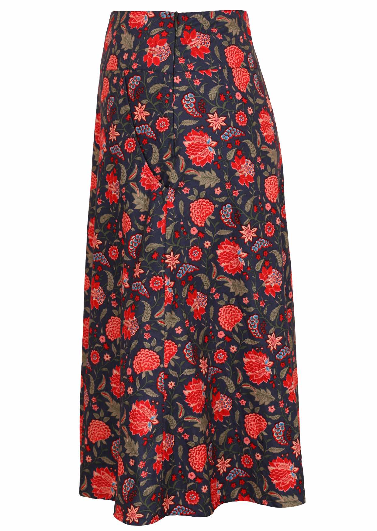 Image of red floral printed cotton skirt with wide waistband and side pockets.