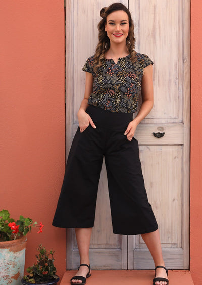 Tenzin Pant wide high waist wide 3/4 length leg side zipper pockets 100% cotton black | Karma East Australia