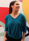 3/4 Sleeve V-neck Batwing Top loose fit body fitted at hips soft stretch rayon fabric teal blue | Karma East Australia