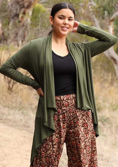 Irregular Hem Stretch Cardi handkerchief hem line long sleeve soft stretch rayon olive green | Karma East Australia