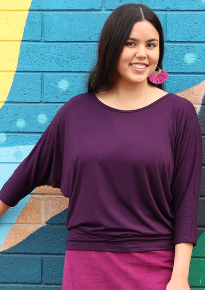 3/4 Sleeve Batwing Top round neckline 3/4 sleeve length batwing loose fitted bodice fits on hips Soft Stretch Rayon Dark Purple | Karma East Australia