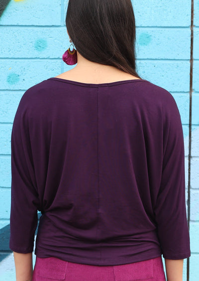 round neckline purple basic 3/4 sleeve women's top
