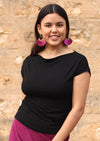Wide neck mod top black stretch rayon boat neck top | Karma East Australia