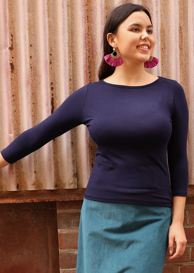 Boat Neck Top 3/4 sleeve fitted soft stretch rayon fabric navy blue | Karma East Australia