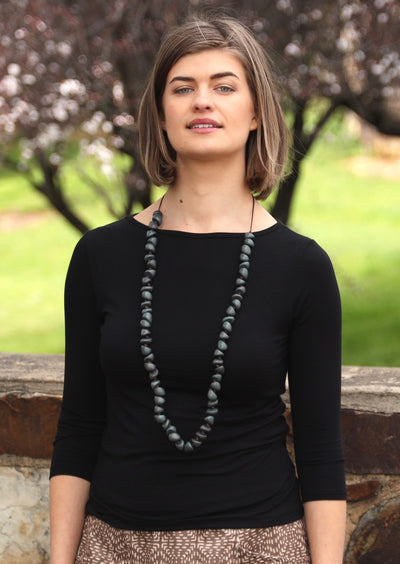 Boat Neck Top 3/4 sleeve fitted soft stretch rayon fabric black | Karma East Australia