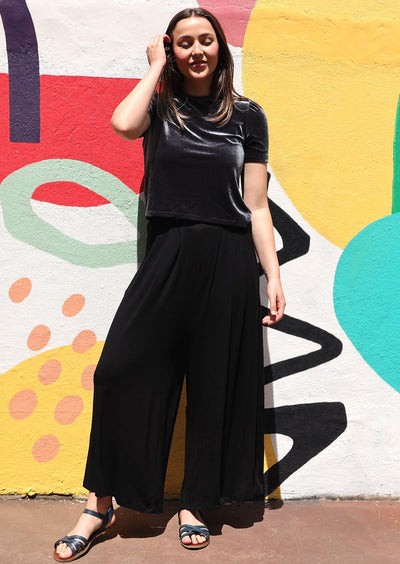 Wide Leg Stretch Pocket Pant wide leg elasticated back waistband front pleats pockets low crotch soft stretch rayon black | Karma East Australia