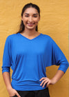 3/4 Sleeve V-neck Batwing Top loose fit body fitted at hips soft stretch rayon fabric electric blue | Karma East Australia