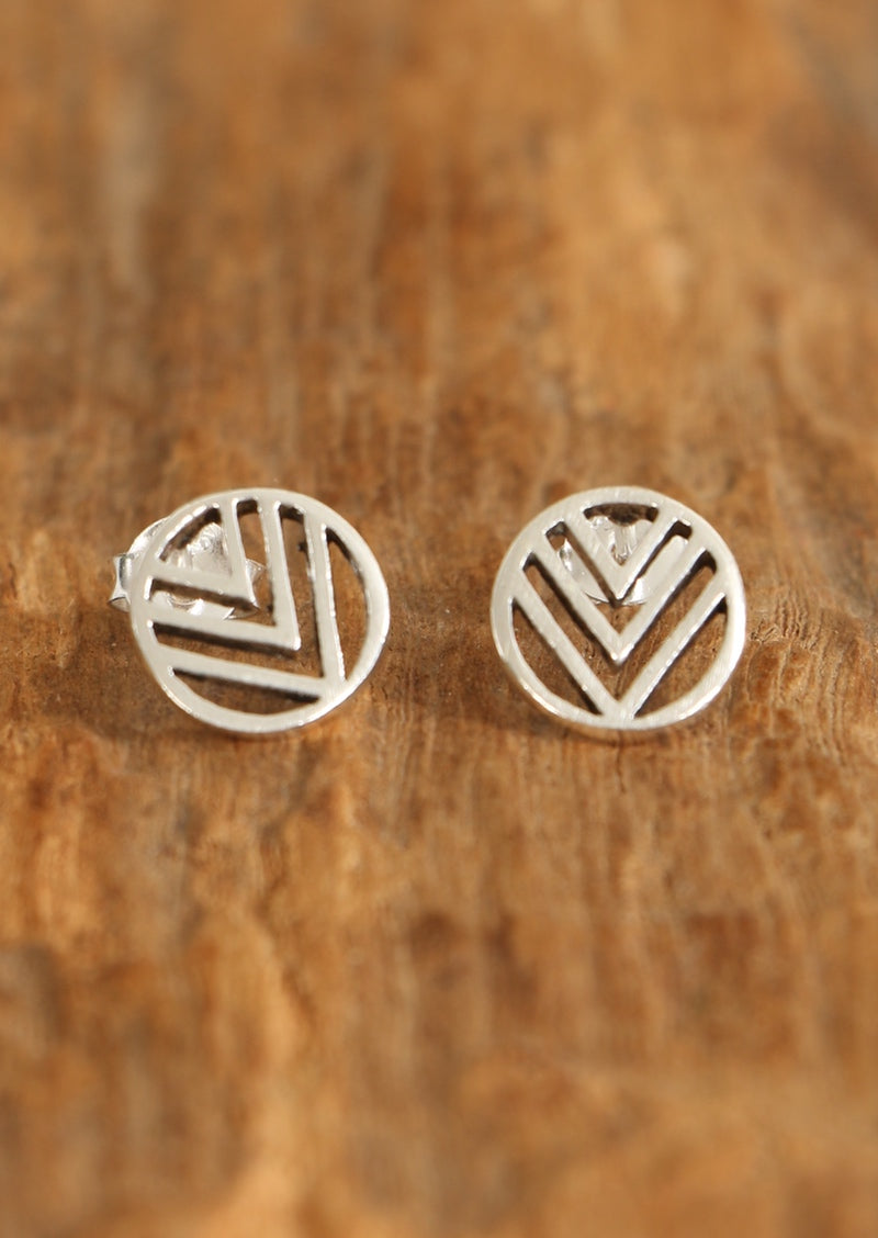 Sterling silver stud earrings circle with 3 V's inside