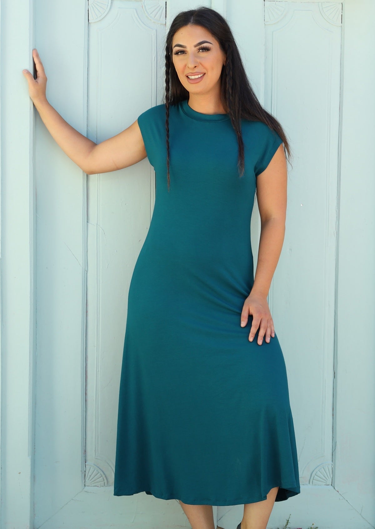 Short Sleeve A-line Midi Soft Stretch Rayon Dress Teal Blue | Karma East Australia