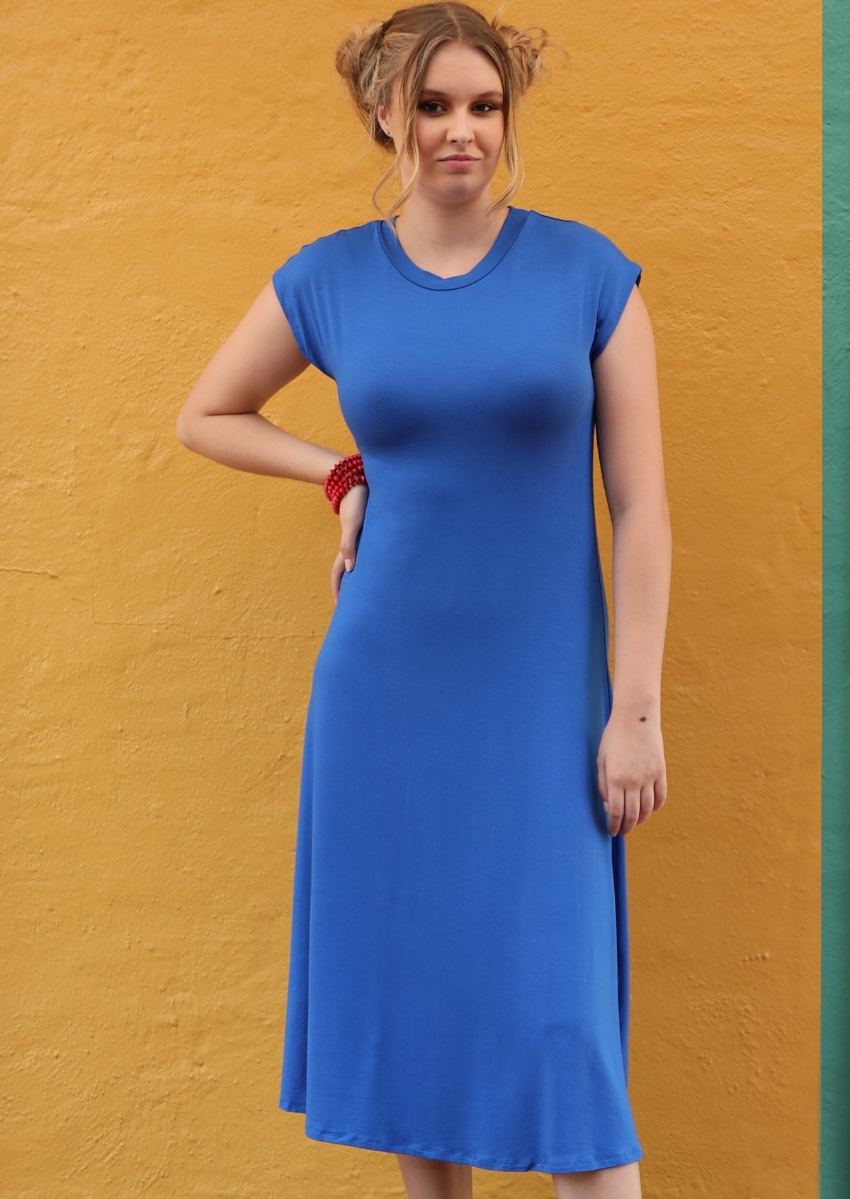 high round neck midi dress