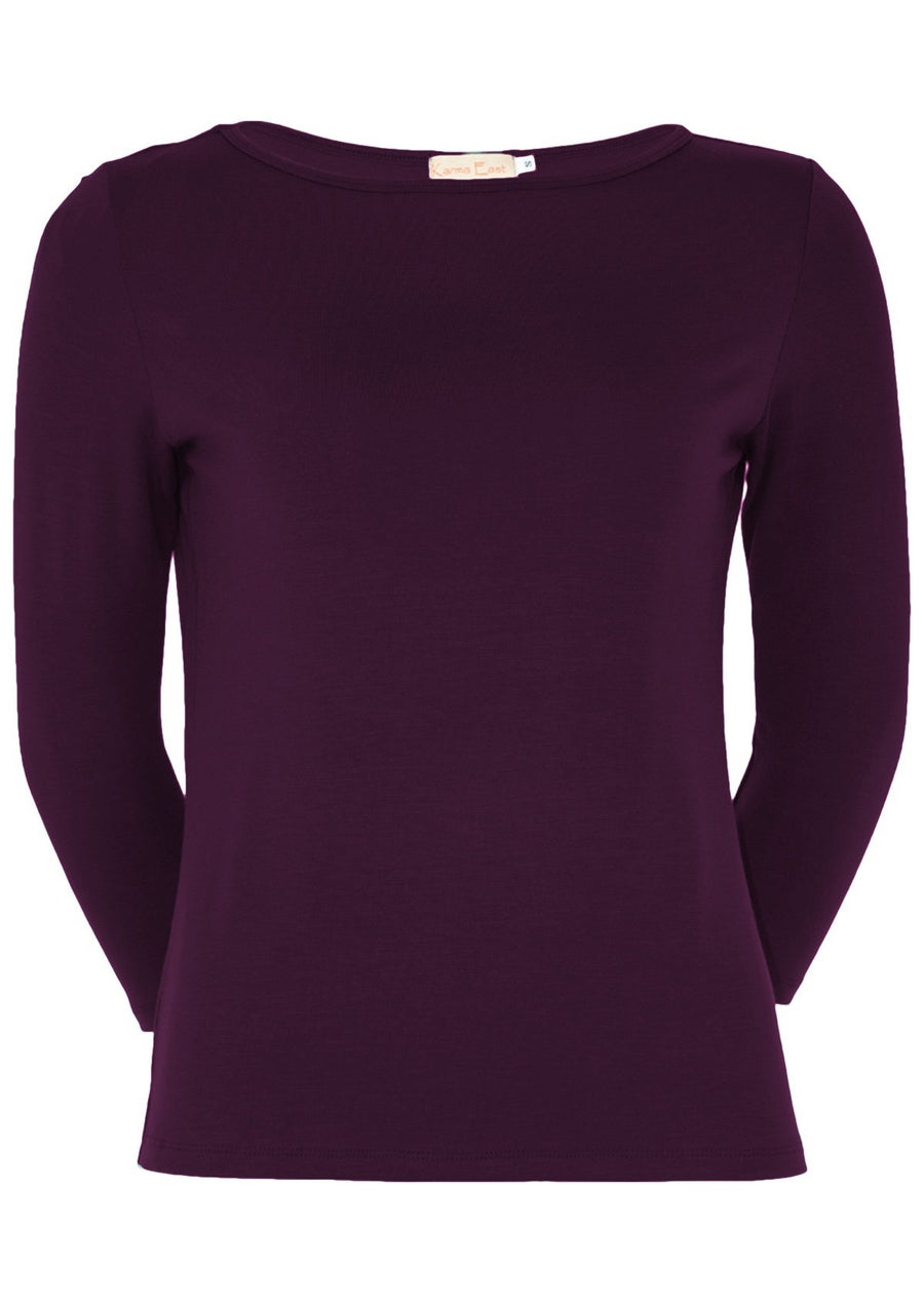 Boat Neck Top 3/4 sleeve fitted soft stretch rayon fabric dark purple | Karma East Australia