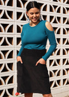 Aalia Cord Skirt thick waistband knee length front side pockets hidden side zipper thick 100% cotton corduroy black | Karma East Australia