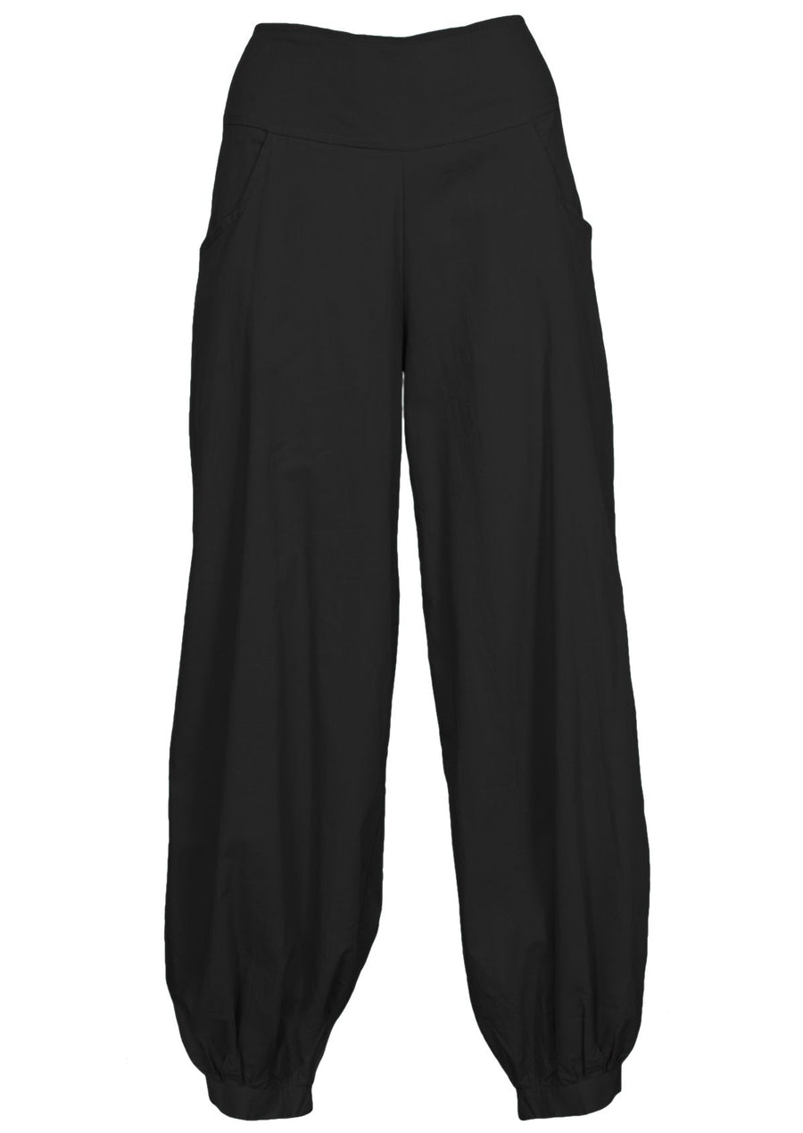 Acapulco Pants shirring across the back front wide flat waist band wide leg cuffed at ankle with button closure pockets 100% cotton black | Karma East Australia