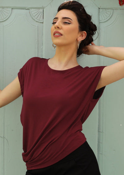 relaxed fit asymmetrical detail women's top maroon