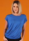 Asymmetrical Top Electric Blue round neckline short sleeve asymmetrical body creating elegant gathering at side soft stretch rayon fabric | Karma East Australia