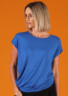 women's round neck asymmetrical side top blue