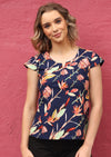 Aubrey Top Round neckline with keyhole detail cap sleeves 100% cotton navy background with pink and green toned native flower print | Karma East Australia