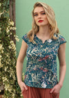 Aubrey Top Round neckline with keyhole detail cap sleeves 100% cotton blue toned floral with pink print | Karma East Australia