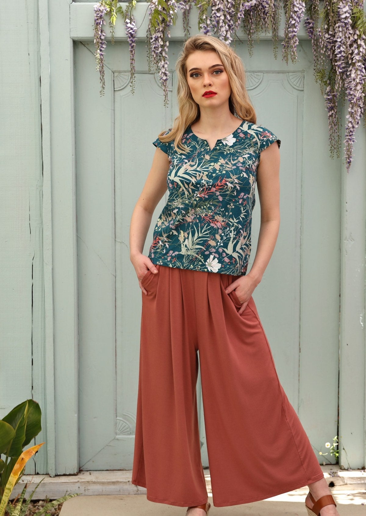 teal floral printed top 100% cotton