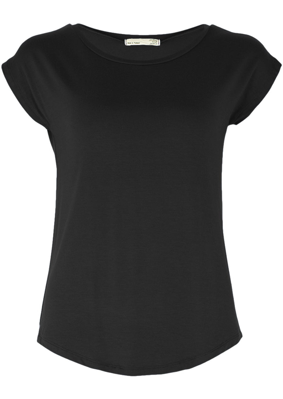 Shell T-shirt short sleeve round neck rounded bottom hem soft stretch rayon black | Karma East Australia