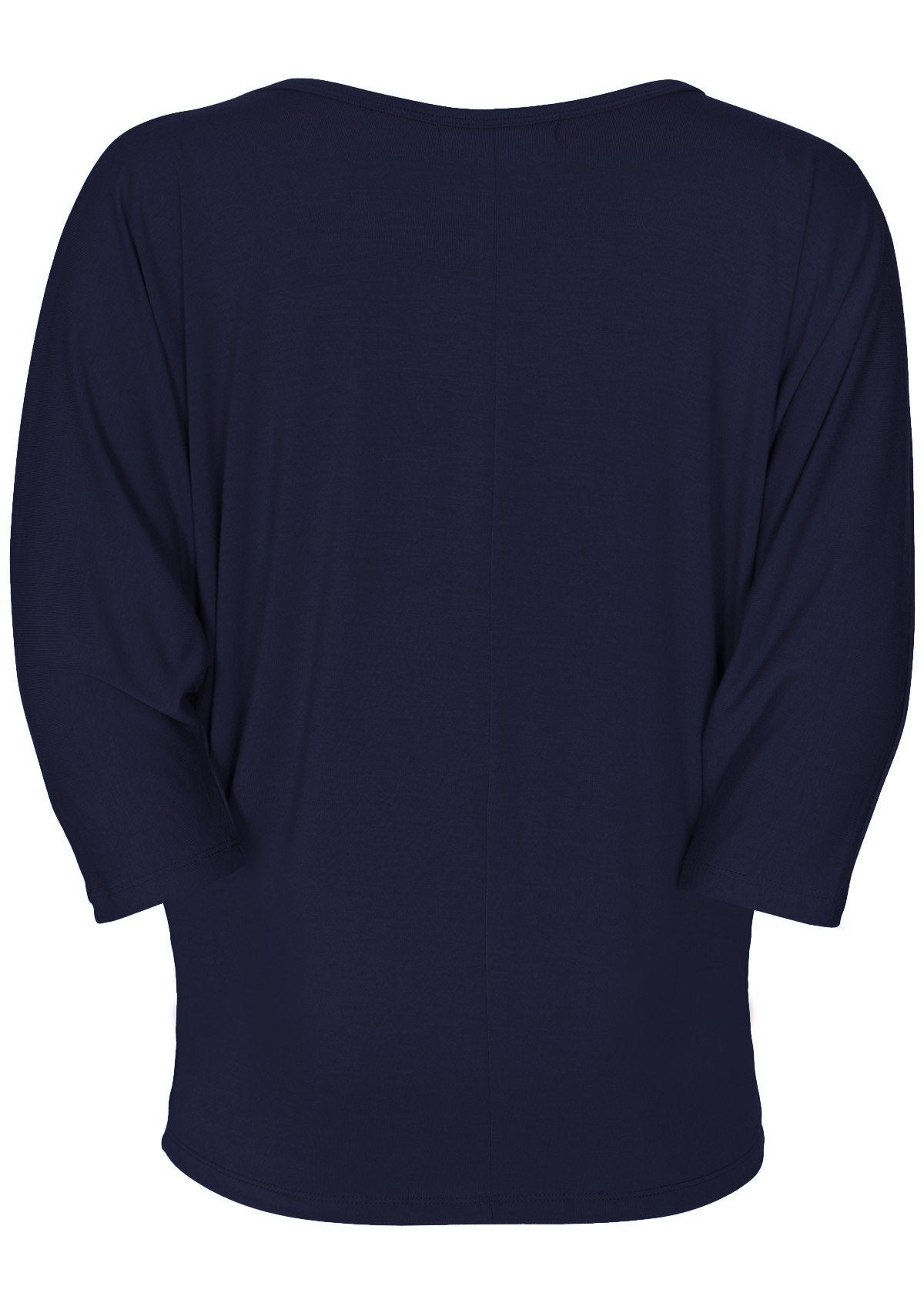 Back view of women's 3/4 sleeve rayon batwing v-neck navy blue top.