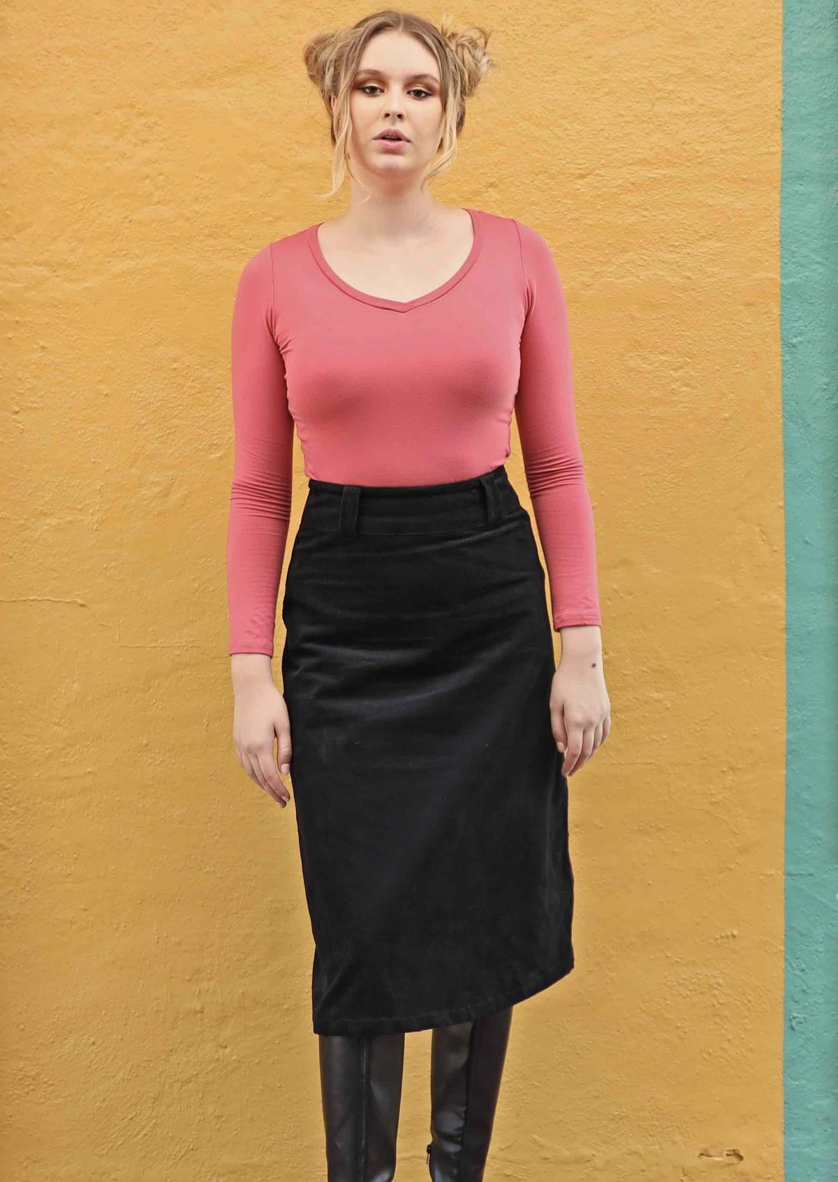 a-line below knee length cord skirt