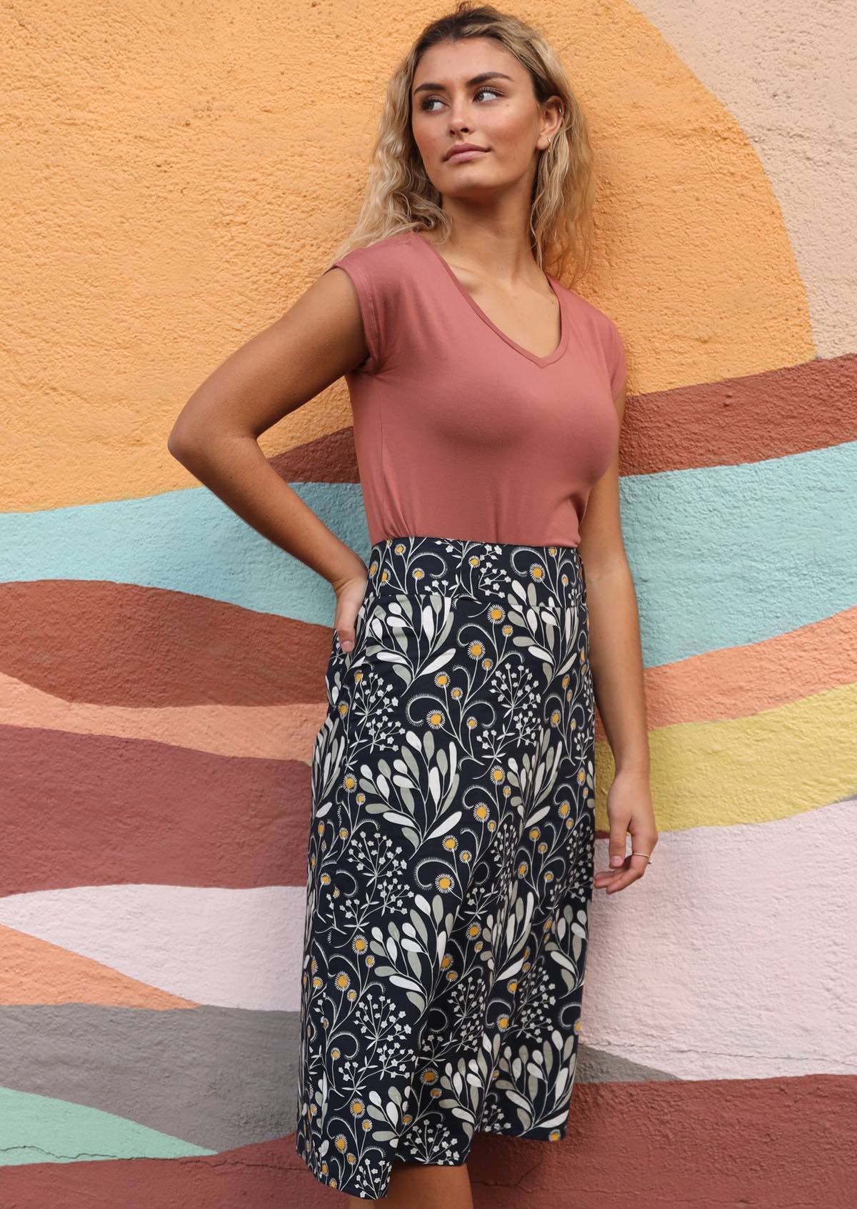 Dark navy blue base wattle print cotton midi length skirt with belt loops