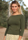 Boat Neck Top 3/4 sleeve fitted soft stretch rayon fabric olive green | Karma East Australia