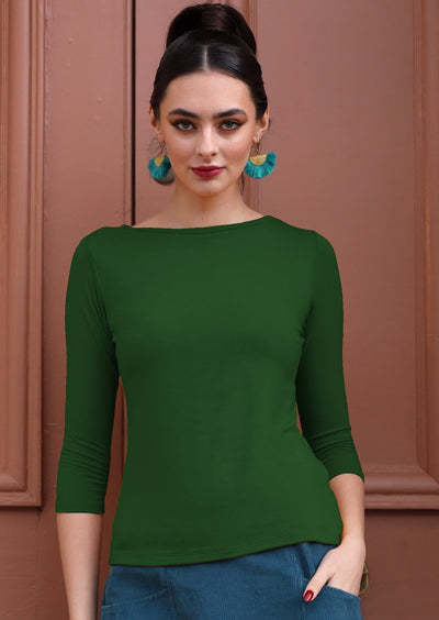 Boat Neck Top 3/4 sleeve fitted soft stretch rayon fabric deep green | Karma East Australia