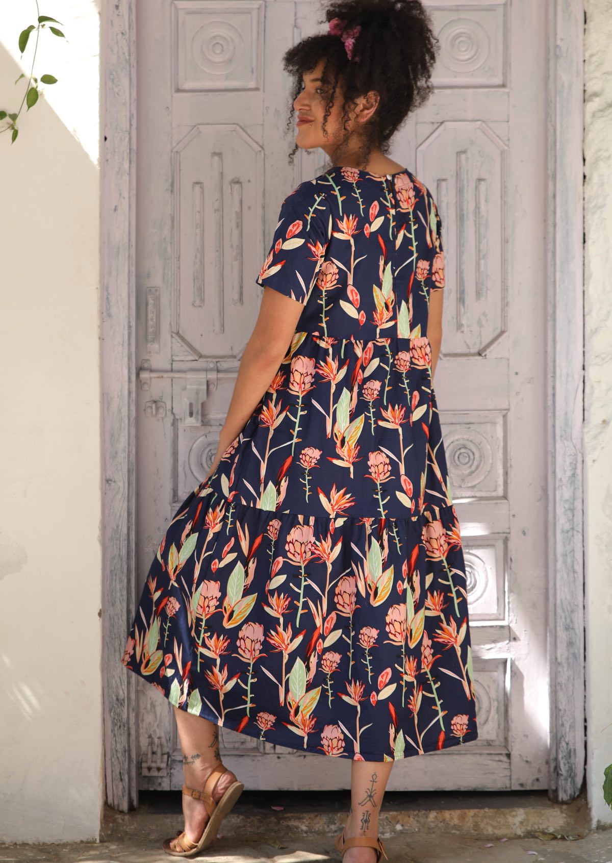 Bold Colourful Floral Printed 100% Indian Cotton Dress with button back closure