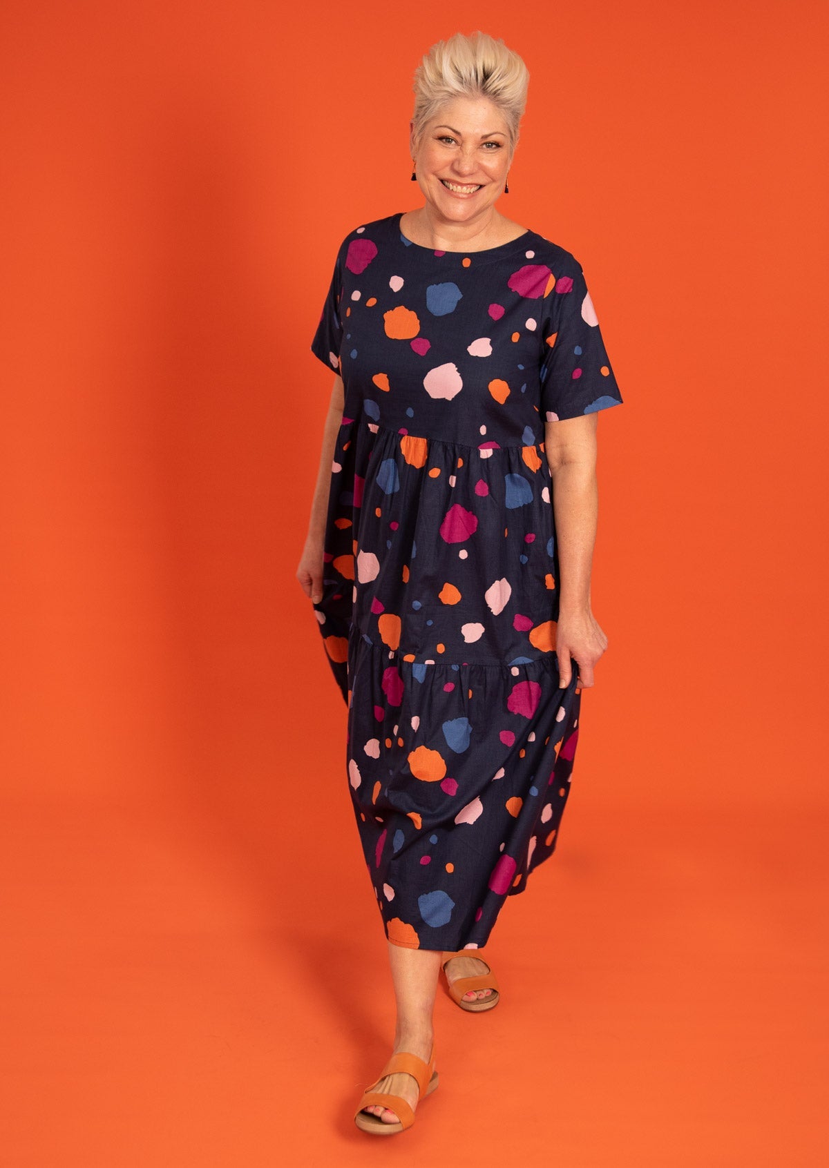 Long Womens Dress with Pockets, high round neckline and short sleeves 